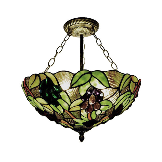 12’/16’ W Inverted Semi Flush Light: Stained Glass Bowl Shade Green