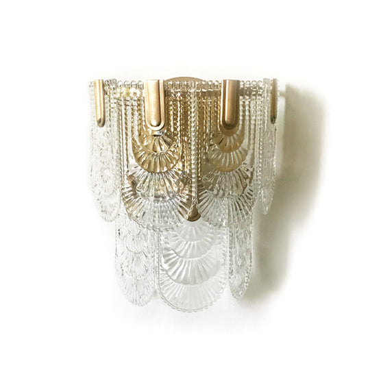 Minimalist Brass Wall Light: Tiered Scalloped Crystal Fixture With 3 Bulbs