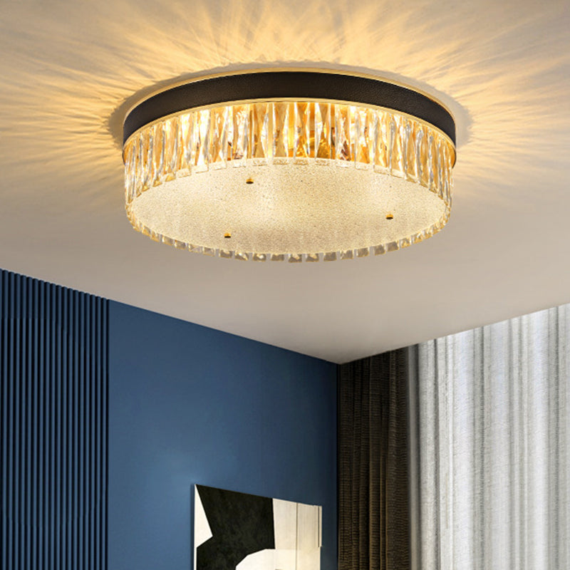 Faceted Crystal Drum Flush Mount Black Minimalist Lighting Fixture / 12