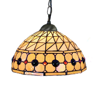 Tiffany Jeweled Pendant Lamp: Circle/Gem Pattern Stained Glass Shade Chain Included Ideal For