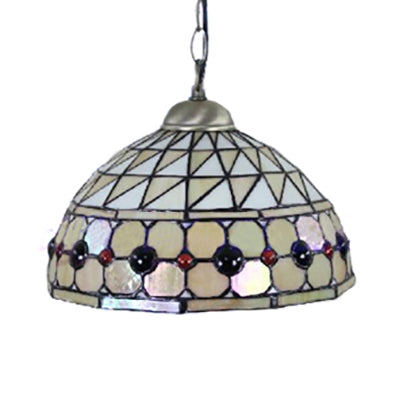 Tiffany Jeweled Pendant Lamp: Circle/Gem Pattern Stained Glass Shade Chain Included Ideal For