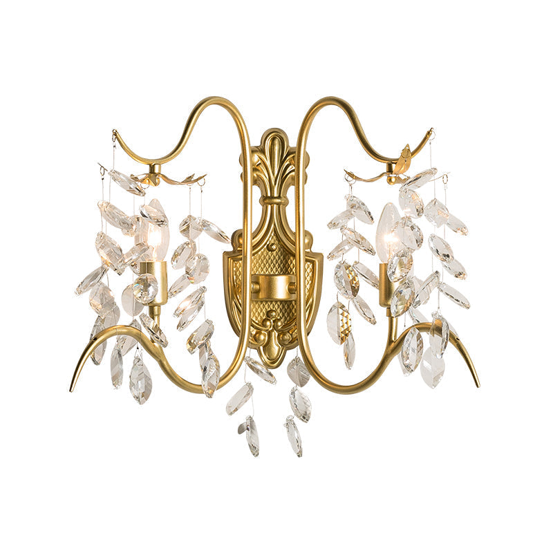 Contemporary Brass Sconce Light With Clear Crystal Strand - Curve Arm Wall (2-Light)