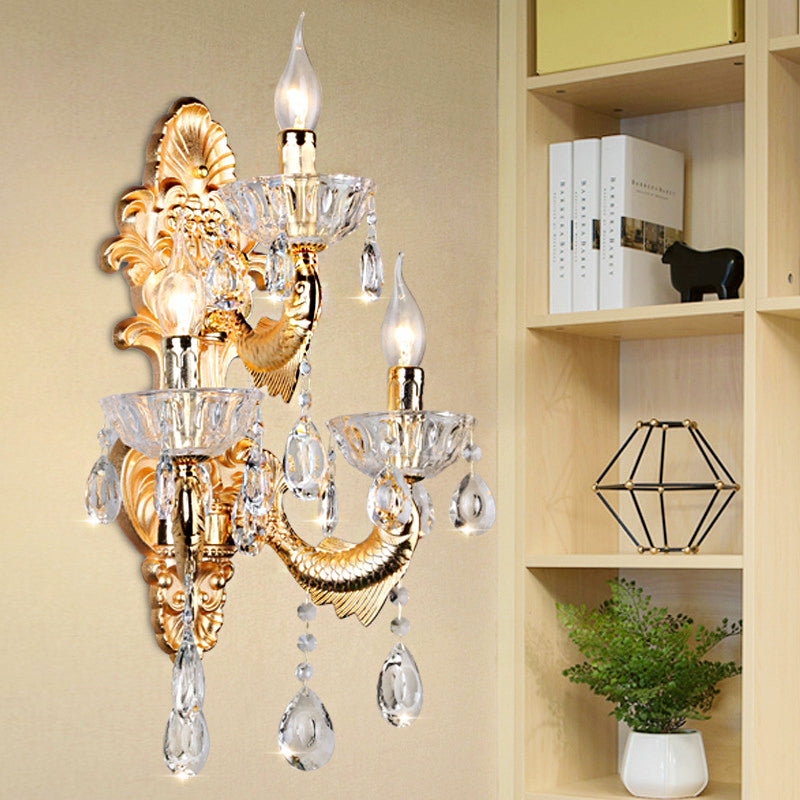 Contemporary Crystal Candelabra Wall Lamp - 2-Light Gold Corridor Mount Light