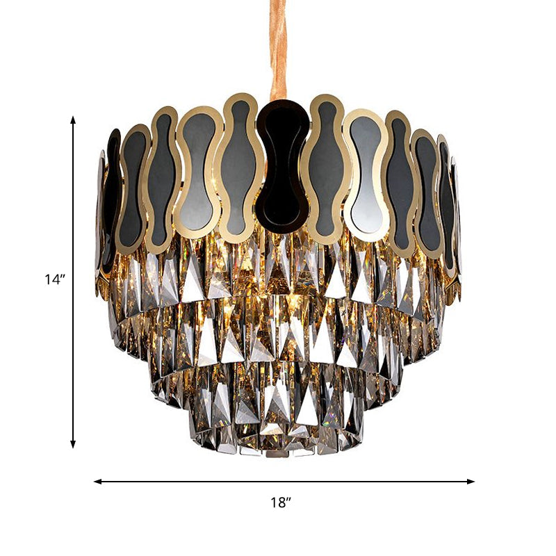 Modern Metal And Crystal Tiered Hanging Light Fixture - 8/11 Lights Black Chandelier 18’/23.5’ Wide