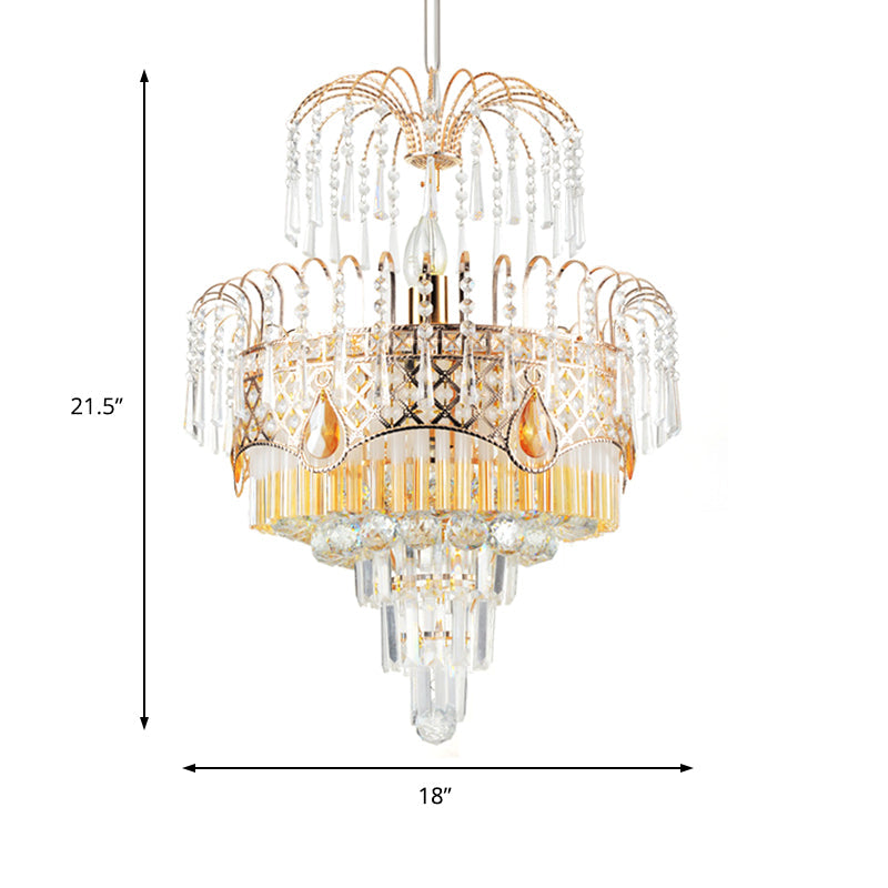 Modern Gold Chandelier Light With Layered Crystal Shade - 3/7 Lights 18’/19.5’ Wide Dining Room