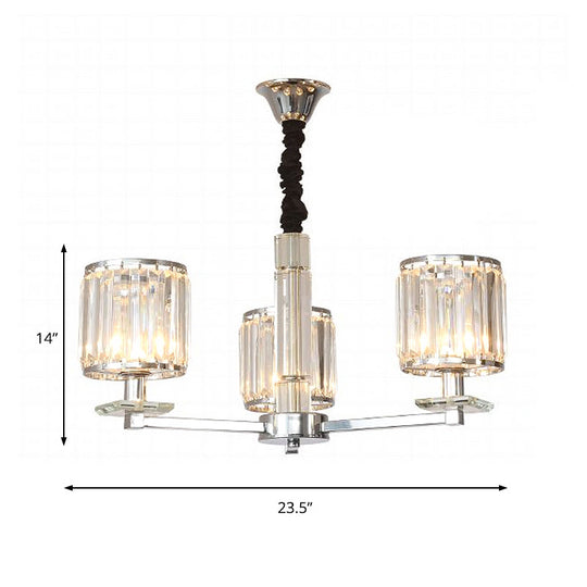 Modern Crystal Cylinder Chandelier Light - Chrome Finish 3/6 Lights Bedroom Hanging Fixture