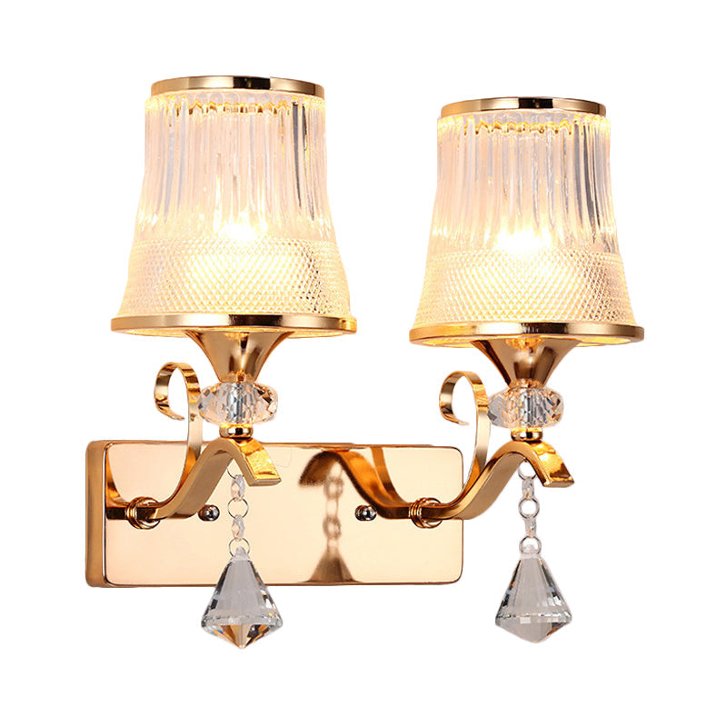 Vintage Bell Sconce Light Fixture Clear Glass Gold Finish Crystal Accent 2 Lights Bedroom Wall Lamp