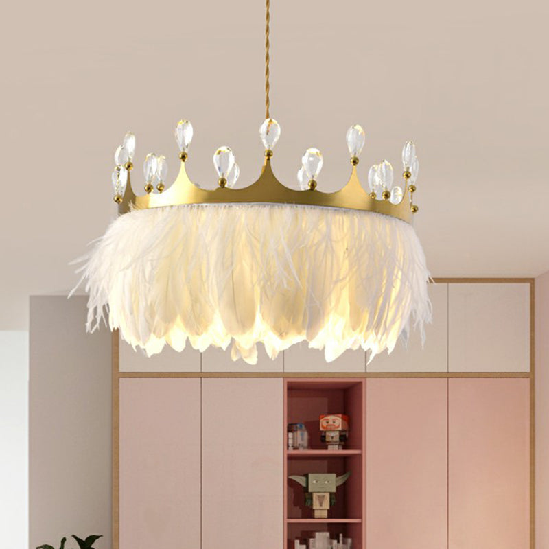 Modern Gold Pendant Light With Crystal And Feather Accents