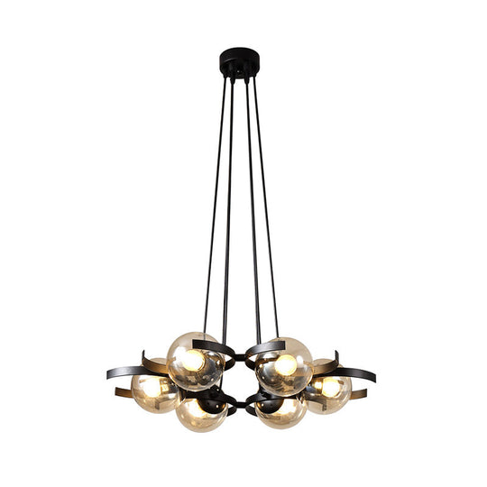 Clear Glass Ball Pendant Chandelier - Contemporary 6 Light Black Ceiling Fixture For Dining Room