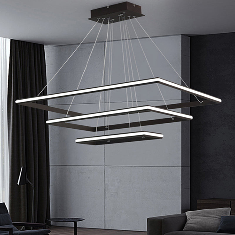 Modern Tiered Rectangular Chandelier With Acrylic Panels - 3 Black/White Led Lights In White Or Warm