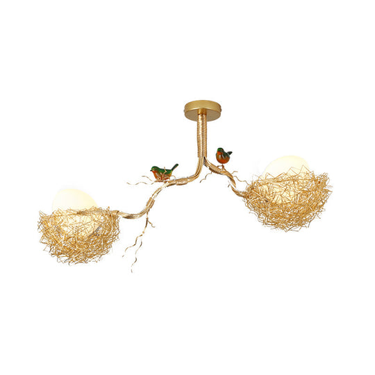 Artistry Milk White Glass Ball Chandelier Pendant 1/2/3-Light Golden Hanging Lamp With Birds And