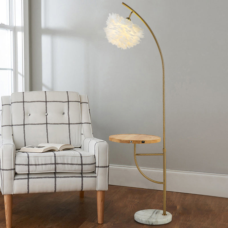 Modern Gold Feather Hemisphere Shade Floor Lamp With Wooden Tray - 1 Bulb Standing Light
