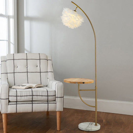 Modern Gold Feather Hemisphere Shade Floor Lamp With Wooden Tray - 1 Bulb Standing Light