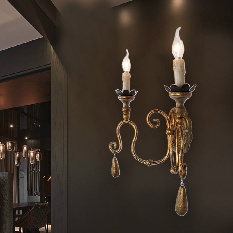 Retro 2-Head Metal Wall Sconce With Swirled Gold Arm - Corridor Lighting