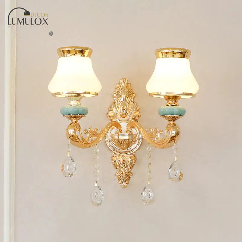 Opal Glass K9 Crystal Wall Light Classic Living Room Lighting Fixture With Accent In Gold