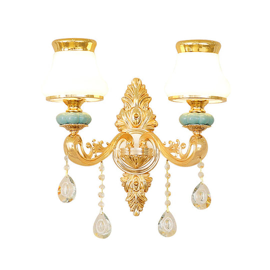 Opal Glass Wall Light: Classic Gold Fixture With Crystal Accent For Living Room
