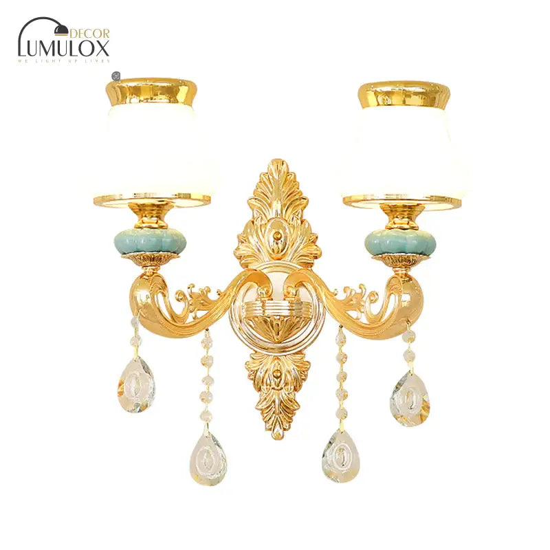 Opal Glass K9 Crystal Wall Light Classic Living Room Lighting Fixture With Accent In Gold