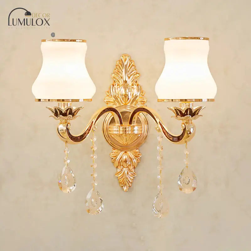 Opal Glass K9 Crystal Wall Light Classic Living Room Lighting Fixture With Accent In Gold