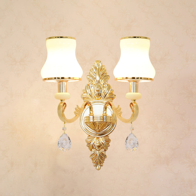 Opal Glass Wall Light: Classic Gold Fixture With Crystal Accent For Living Room 2 / D
