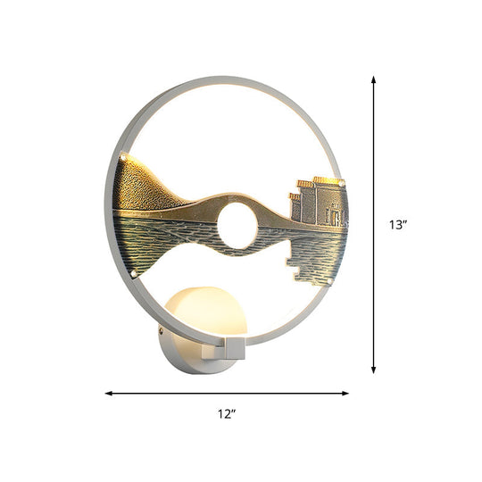 Chinese-Inspired Black/White Led Acrylic Wall Sconce - 12 Circular Lamp With Scenic Pattern