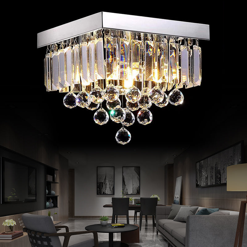 Stylish Crystal Shade Chrome Ceiling Flush Mount Light With 4 Lights For Living Room