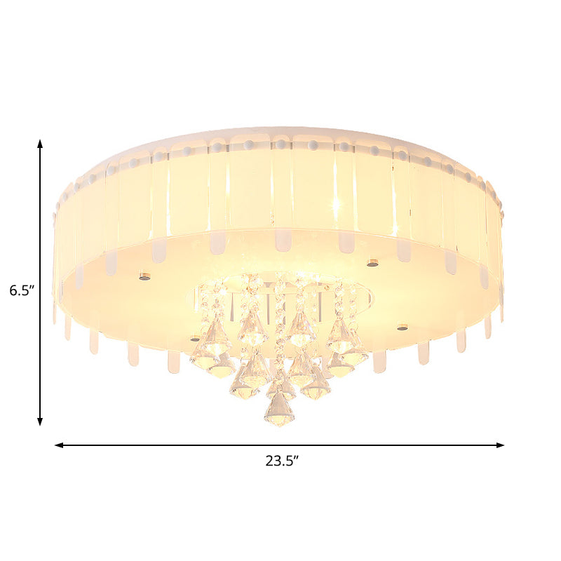 Led Flush Mount Ceiling Light With Crystal Drop And White Glass Shade - Simple Style