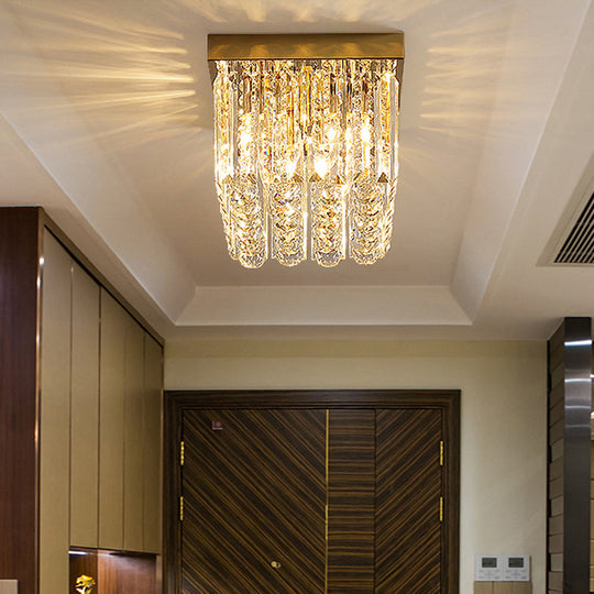 Modern Gold Flush Mount Light With Crystal Block Shade - 2 Lights Rectangle Ceiling Design