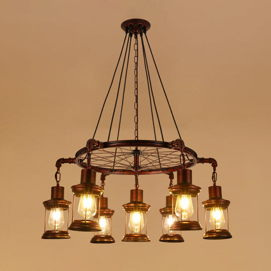 Wagon Wheel Chandelier With Clear Glass Shade In Bronze - Industrial Pendant Lighting 7 / D