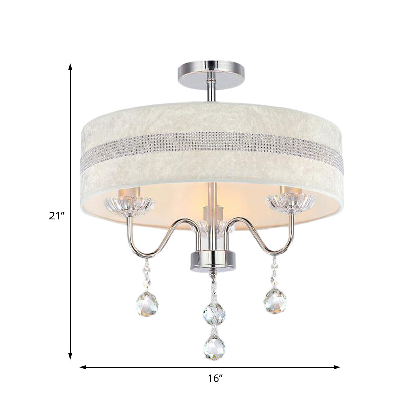 Modern Nordic Drum Fabric Chandelier Light With Crystal Drop For Bedroom - Chrome Finish