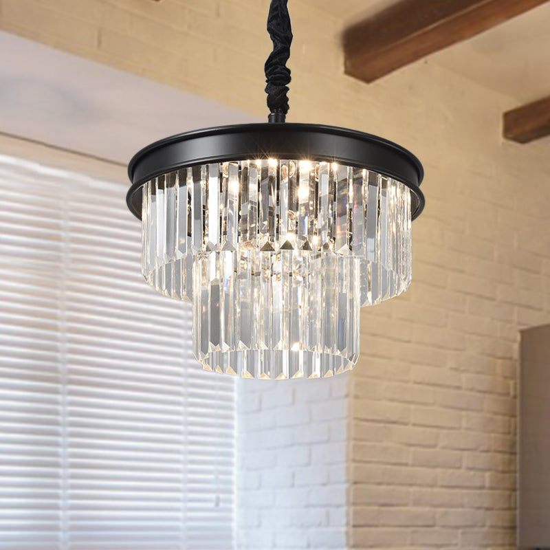 Postmodern Clear Crystal Glass Tiered Ceiling Chandelier Light 9/12 Lights Black 16’’/23’’ Wide