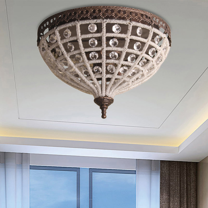 Vintage Bronze Bedroom Ceiling Light With Crystal Basket Shade - 2 Lights