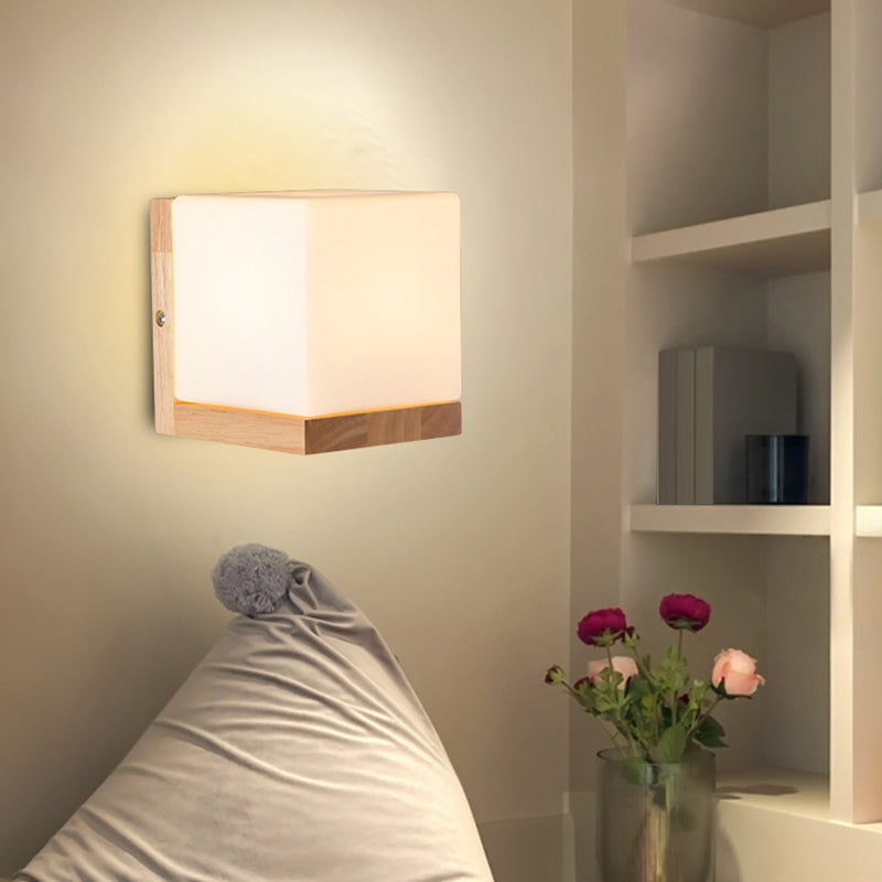 Nordic Style Cube Shaped Sconce Lighting With White Glass Shade - 1-Light Bedside Wall Fixture
