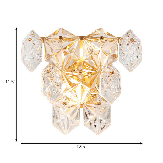 Modern Clear Crystal Hexagon Wall Light With Brass Finish - 2 Lights 8.5/12.5 Width Perfect For