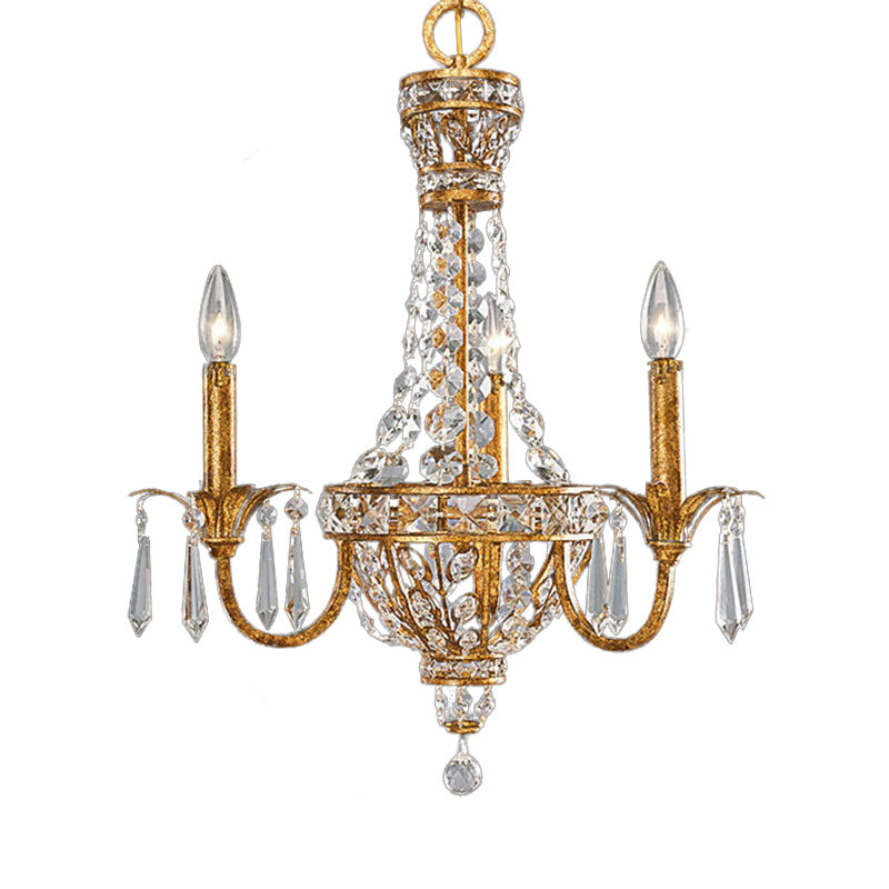 Gold Retro Pyramid Chandelier With Crystal Accents - 3 Heads Hanging Suspension Light For Living