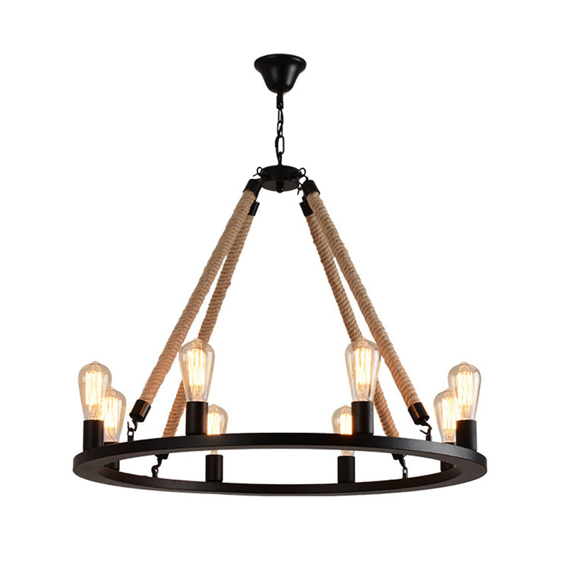 Antique Iron Ring Chandelier: Matte Black Pendant Light With Hemp Rope For Restaurants