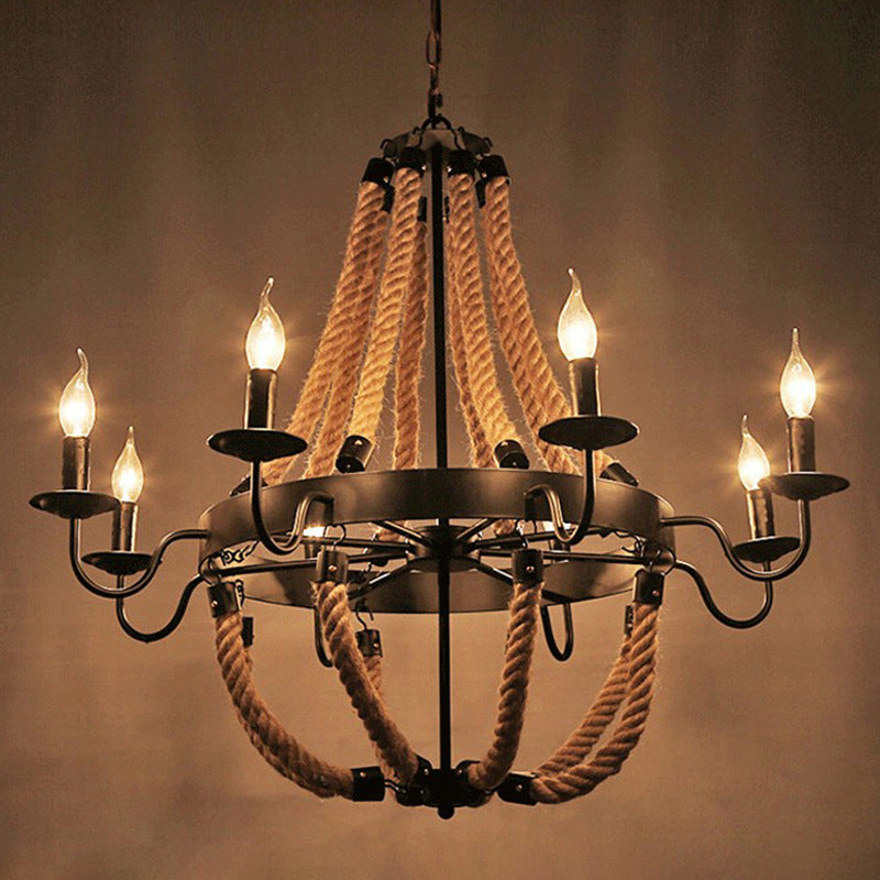 Rustic Iron Flaxen Candlestick Chandelier - Pendant Lighting With Hemp Rope For Living Room