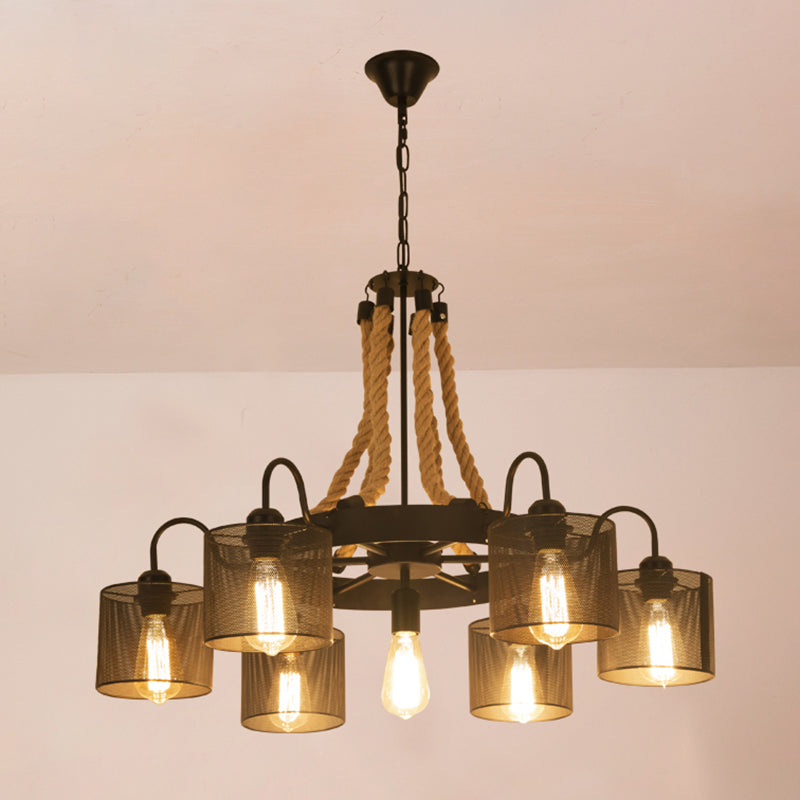 Vintage Iron Wheel Chandelier Pendant Light With Hemp Rope In Black For Restaurants / 34.5’ B