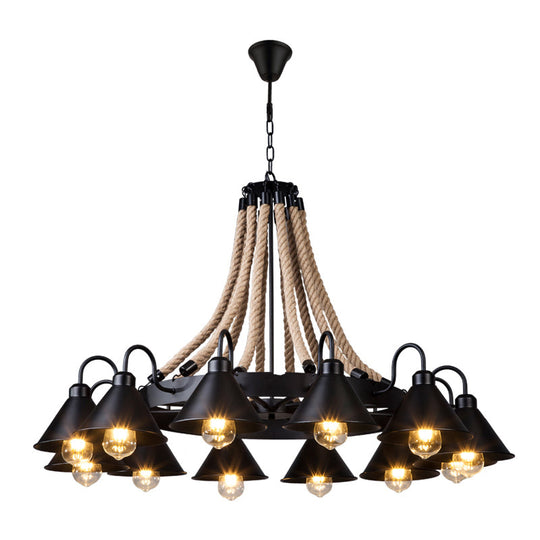 Vintage Iron Wheel Chandelier Pendant Light With Hemp Rope In Black For Restaurants