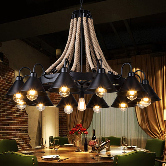Antique Style Iron Chandelier With Black Conical Shade And Hemp Rope Pendant Lighting For