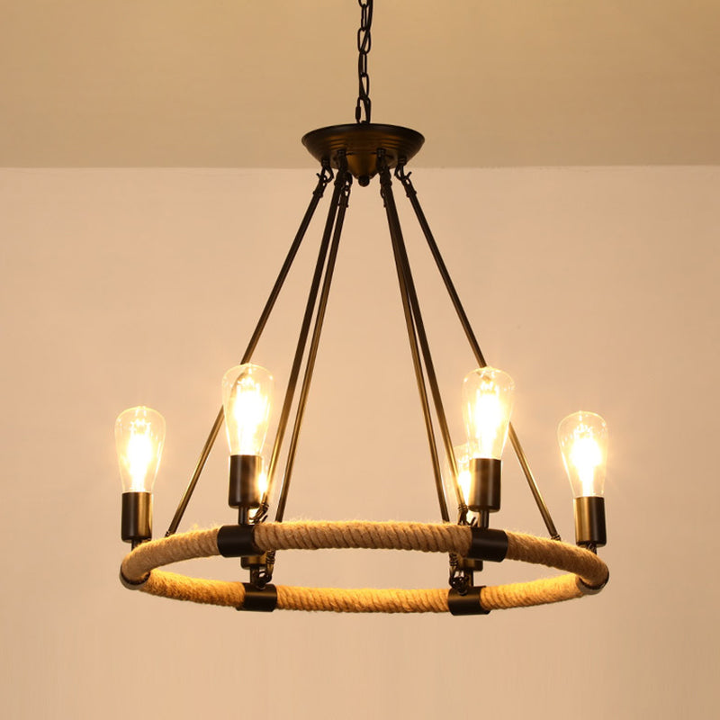 Rustic Hemp Rope Restaurant Chandelier With Black Dangling Suspension Light 6 / B
