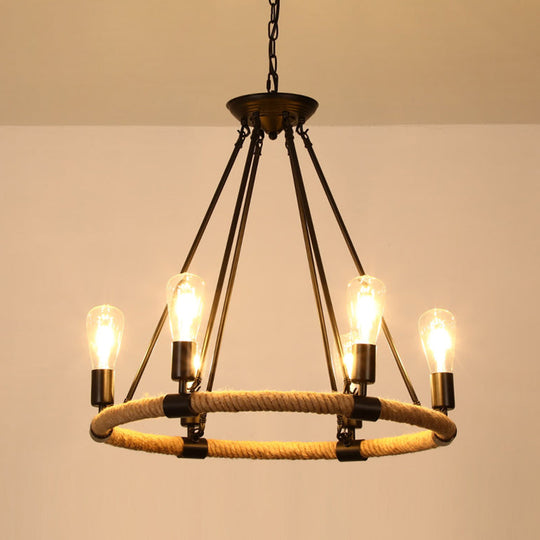 Rustic Hemp Rope Restaurant Chandelier With Black Dangling Suspension Light 6 / B