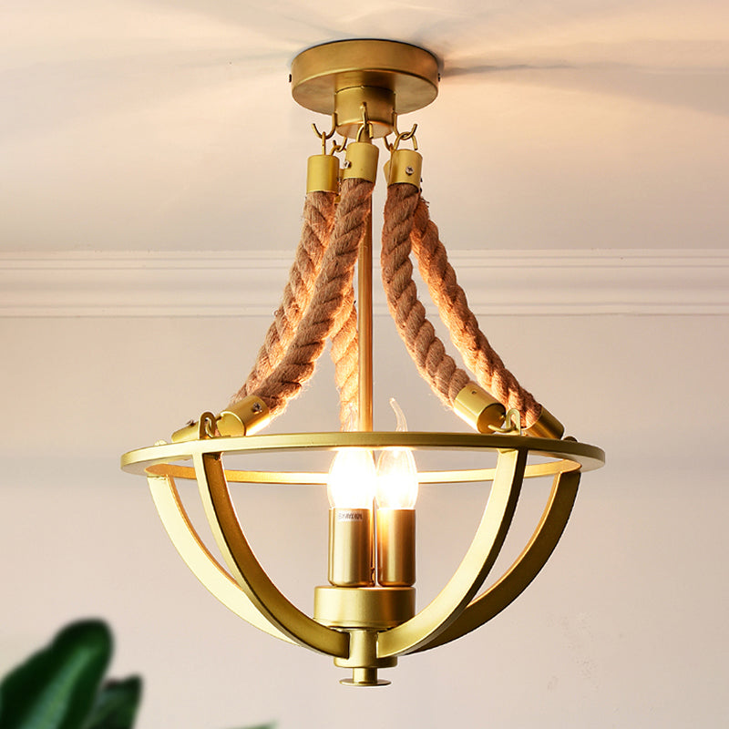 Retro-Style Chandelier Pendant Light With Hemp Rope And Iron Basket - Set Of 3 Bulbs