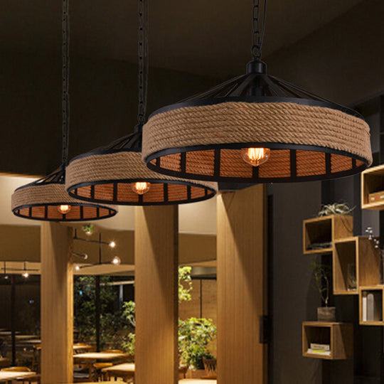 Rustic Geometric Hemp Rope Pendant Light With Single Bulb - Ideal For Restaurants Black Fixture