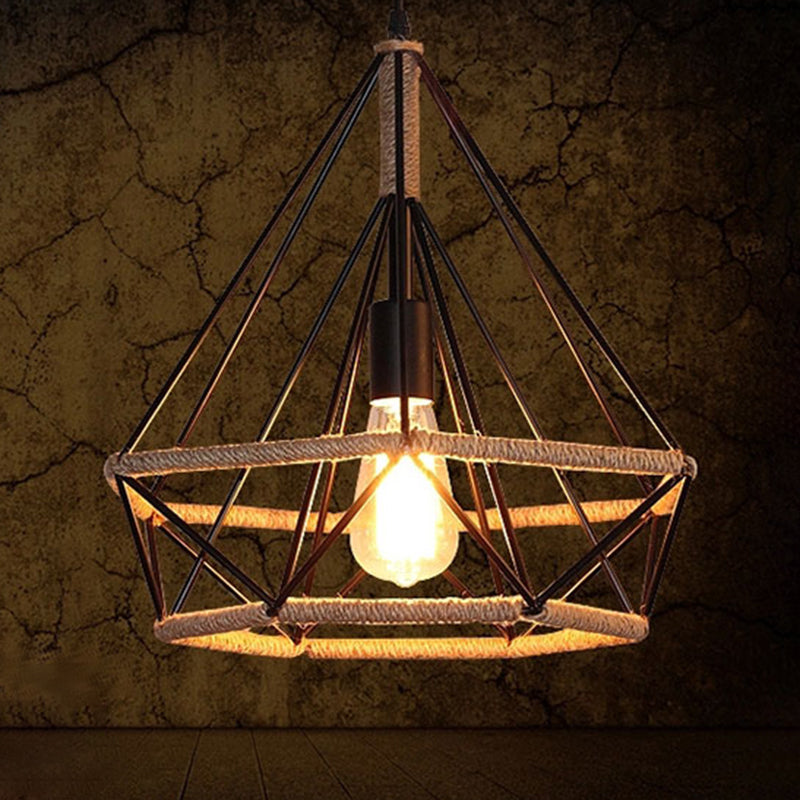 Rustic Geometric Hemp Rope Pendant Light With Single Bulb - Ideal For Restaurants Black Fixture