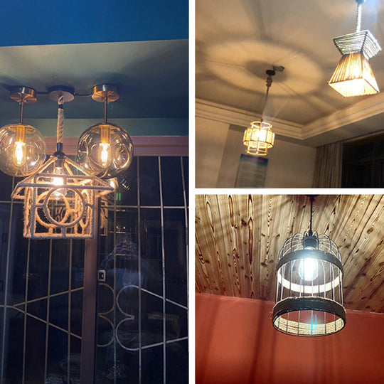 Hemp Rope Rustic Pendant Light With Caged Design And Brown Finish For Restaurants