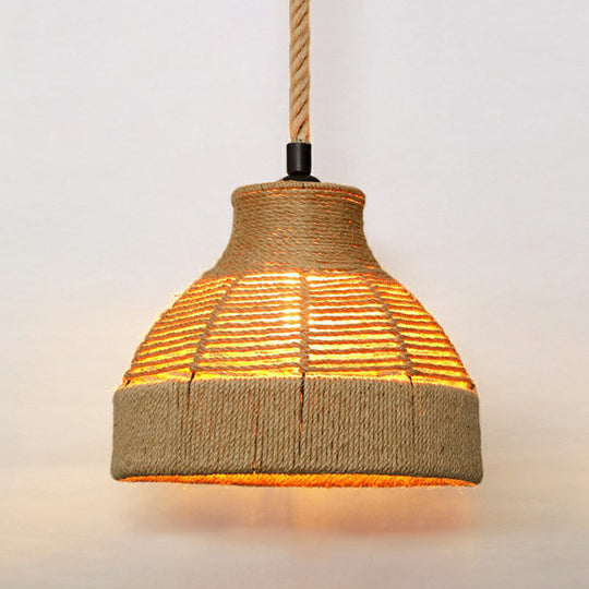 Hemp Rope Rustic Pendant Light With Caged Design And Brown Finish For Restaurants / K