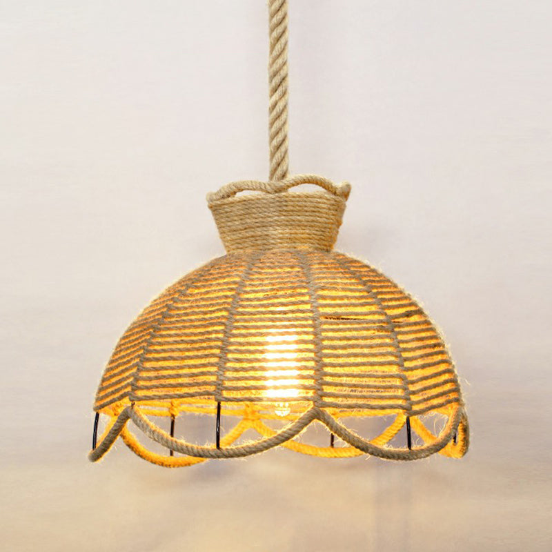 Hemp Rope Rustic Pendant Light With Caged Design And Brown Finish For Restaurants / H