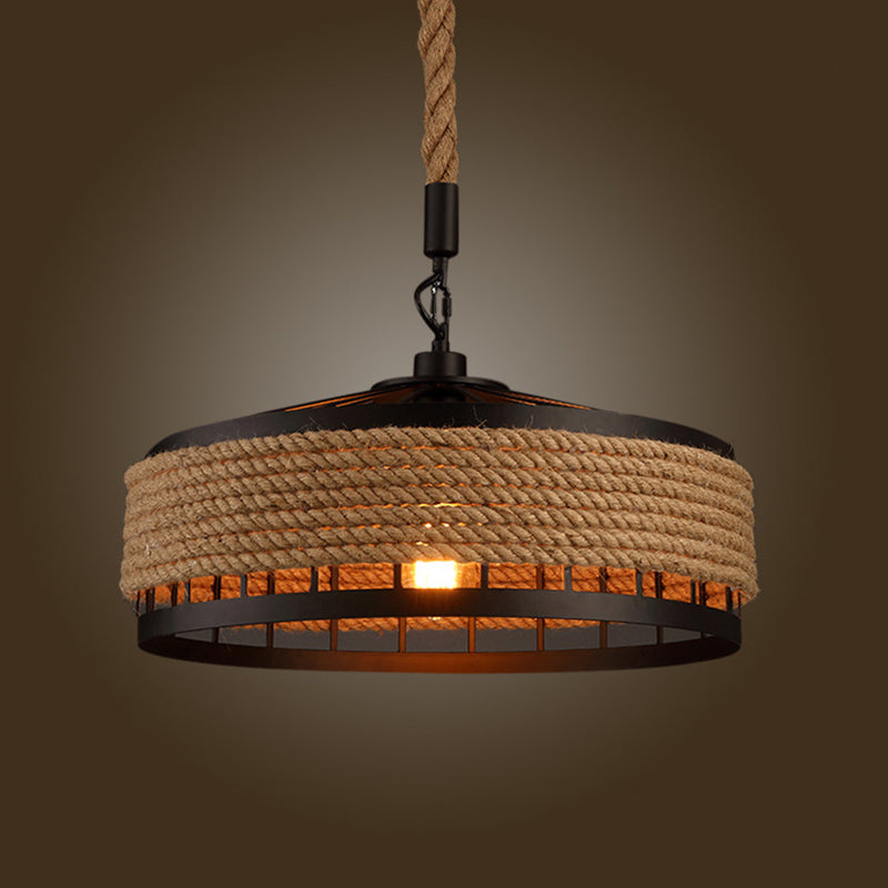 Hemp Rope Yurt Hanging Light - Rustic Pendant Fixture In Black