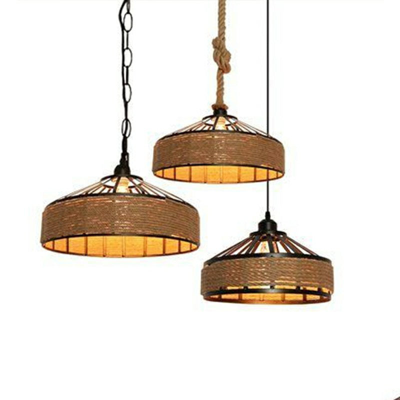 Retro Yurt Suspension Lighting: 1-Head Pendant Ceiling Light In Brown - Vintage Style With Hemp Rope