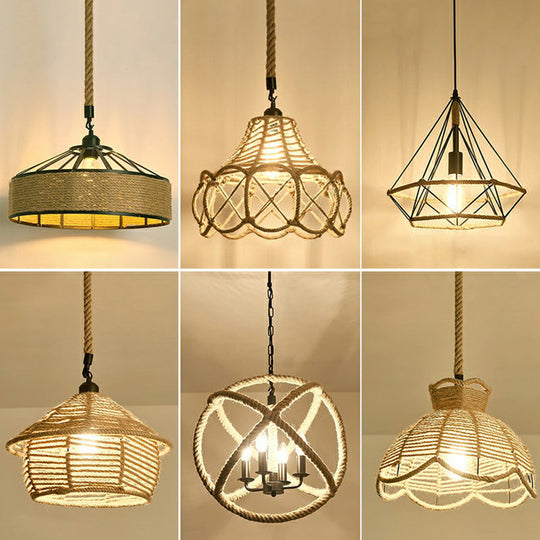 Hemp Rope Pendant Light - Antique 1-Light Fixture In Brown For Restaurants